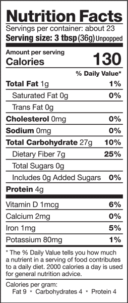 Family Farm Grown Popcorn Nutrition Information Family Farm Grown