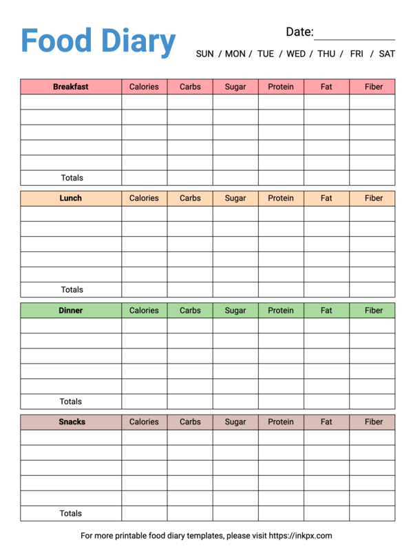 Free Printable Colorful Nutrition Information Food Diary Template InkPx