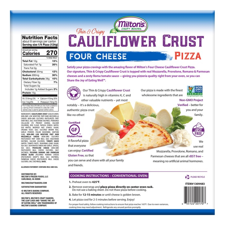 Milton 39 s Cauliflower Crust Pizza Full Nutritional Info Milton 39 s Four 