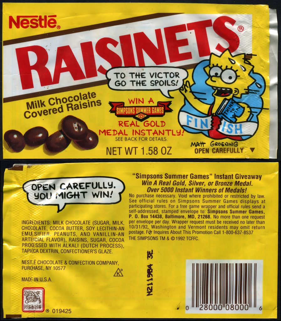 Nestle Raisinets Simpsons Summer Games Candy Wrapper Package 
